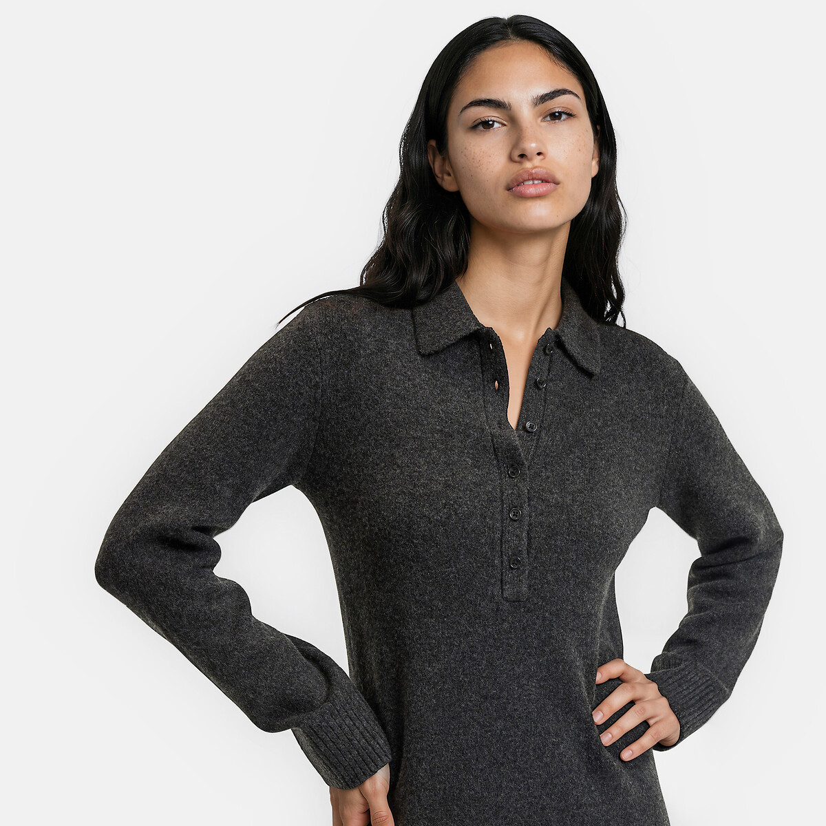 Robe en tricot courte, à col polo, manches longues gris chiné foncé, LA REDOUTE COLLECTIONS