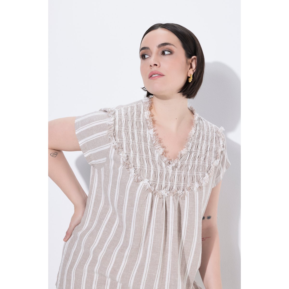 Blouse en lin à rayures, coupe évasée crème, ULLA POPKEN