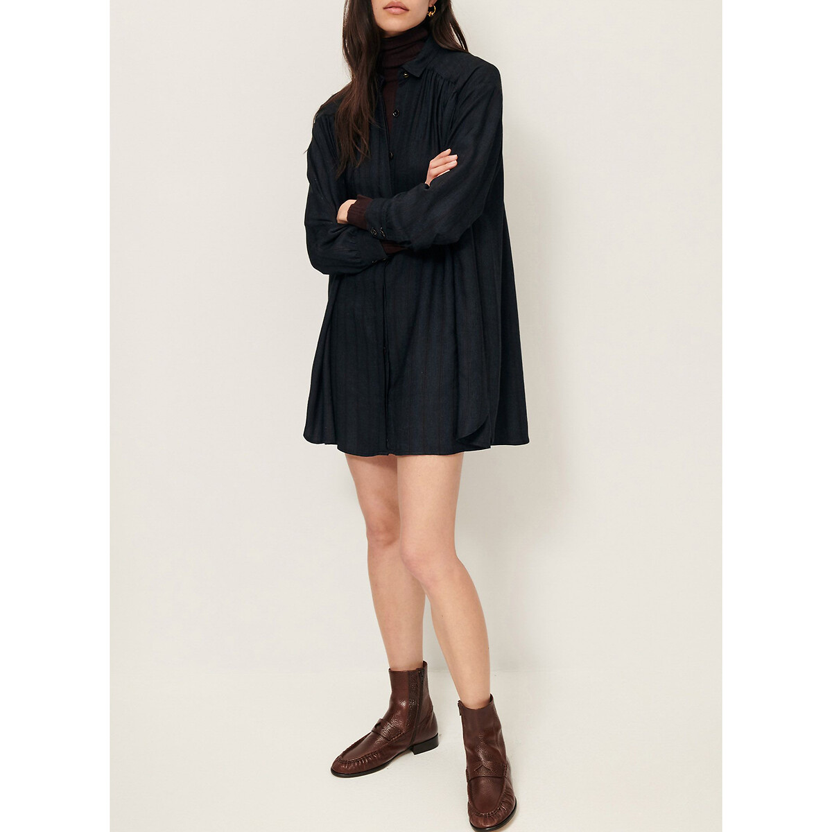 Vestido-camisa curto e franzido, LICALI 90008113, SESSUN