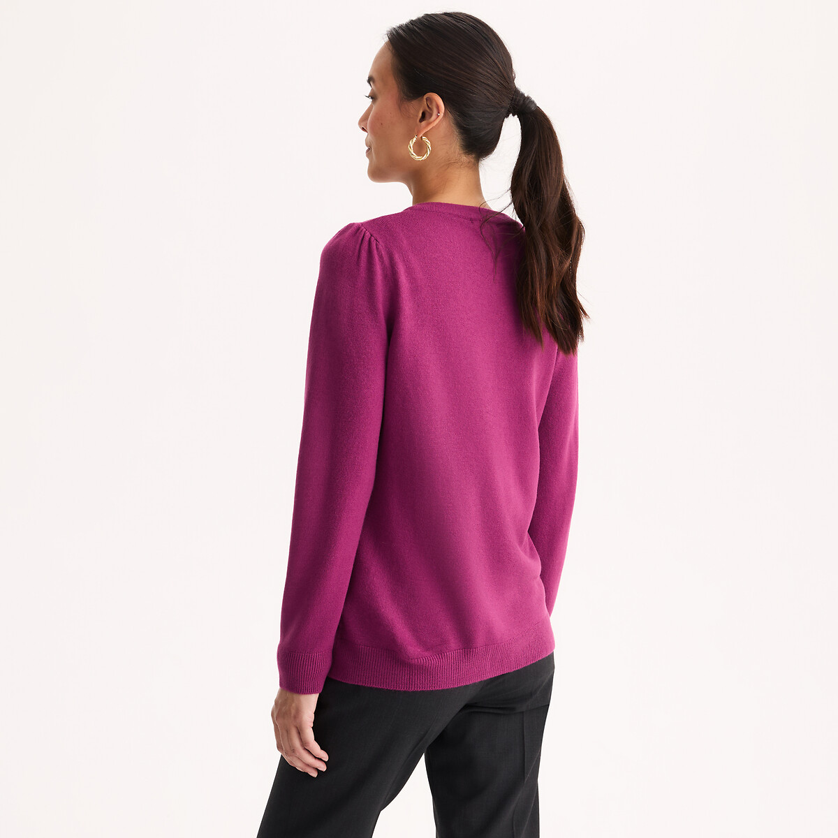 Cardigan col rond, en maille toucher très doux rose fuchsia, ANNE WEYBURN