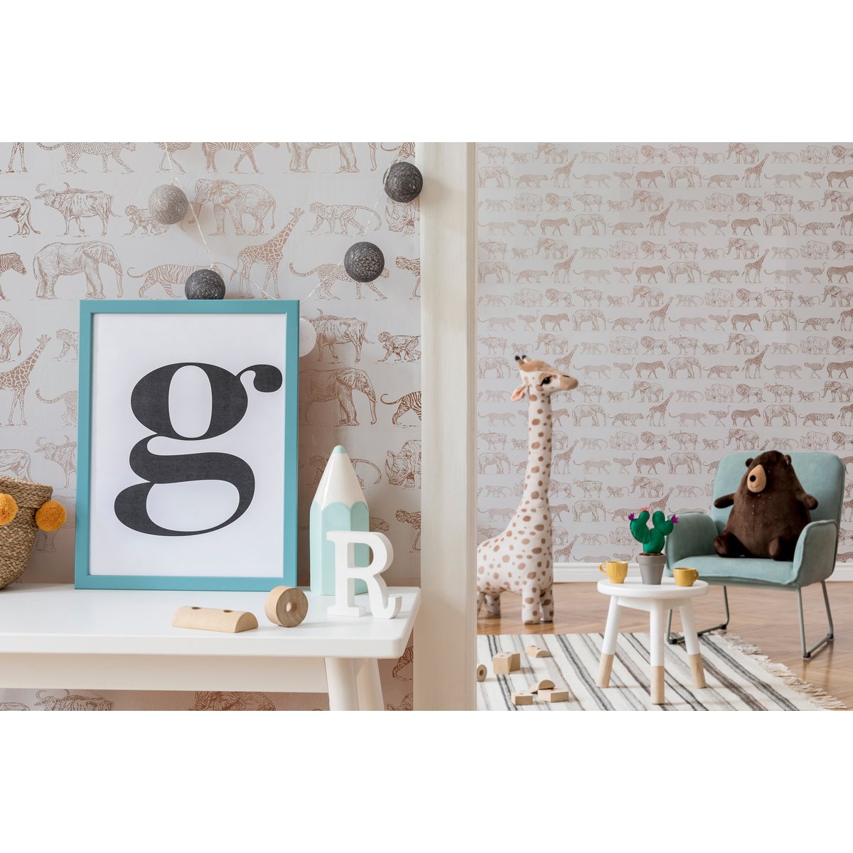 Papier peint clair Animaux de la brousse crème, BOUTIQUE