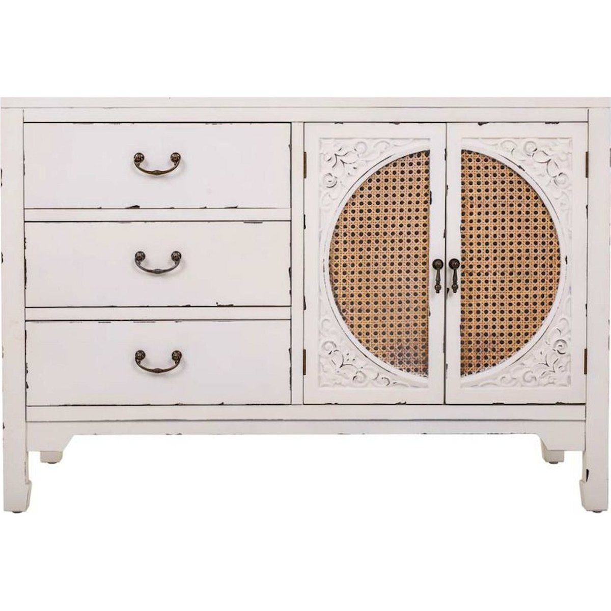 Enfilade rectangulaire en bois et rotin blanc antique et rotin naturel, RECOLLECTION