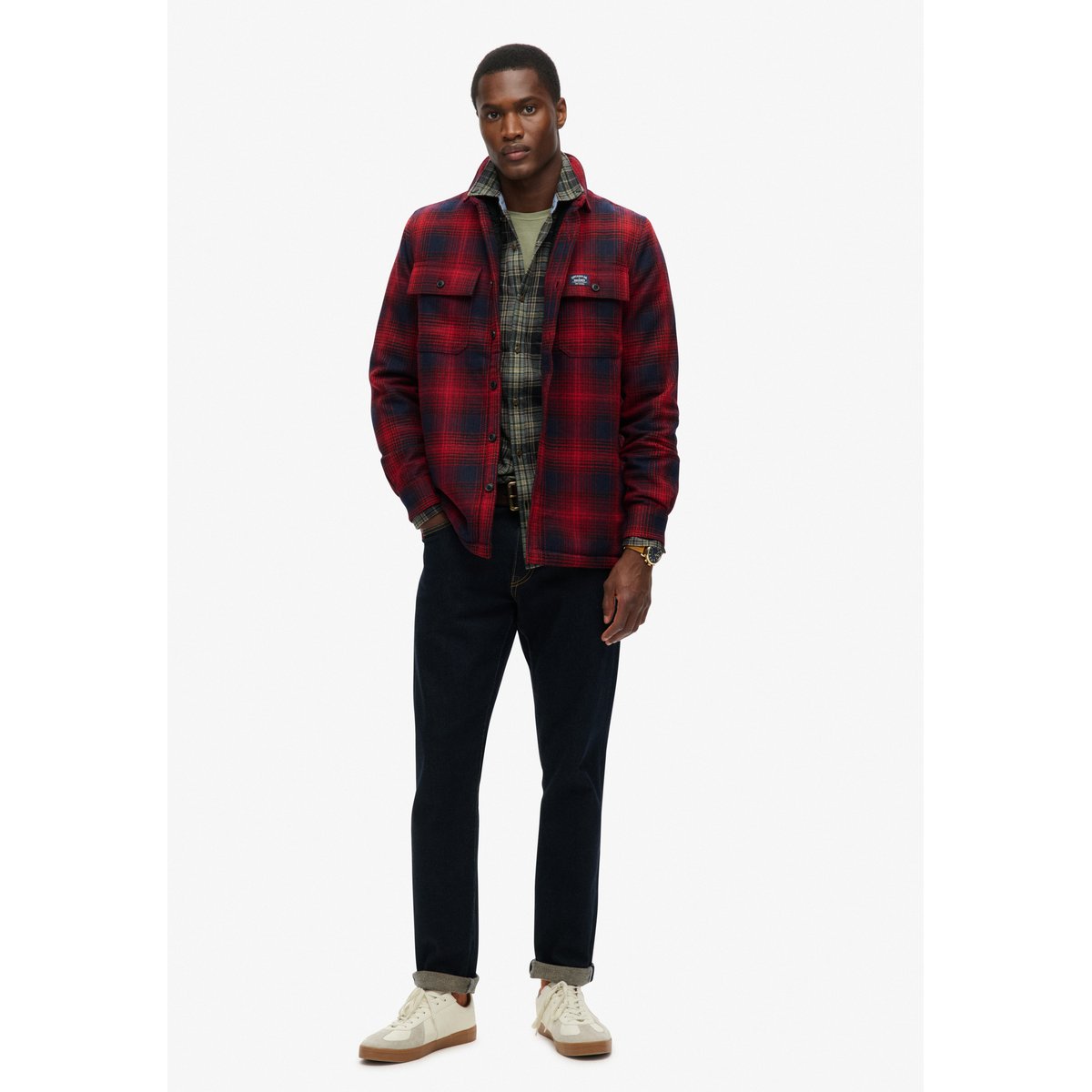 Surchemise zippée en laine à carreaux avec doublure en polaire dégradé rouge over, SUPERDRY