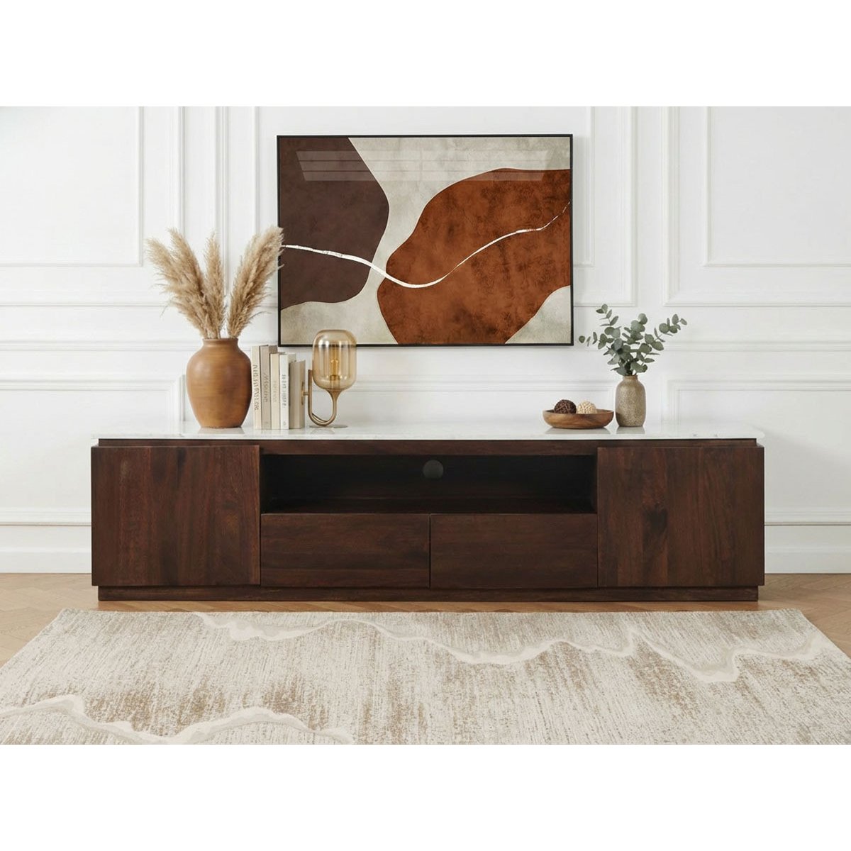 Meuble TV 200 cm bois massif, BARBARA marron foncé, BOBOCHIC