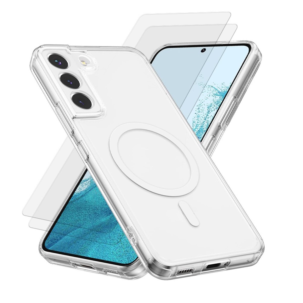 Coque Anti-choc Magnétique compatible Magsafe pour Galaxy S22 Plus 5g Transparente + 2 vitres transparent, EVETANE