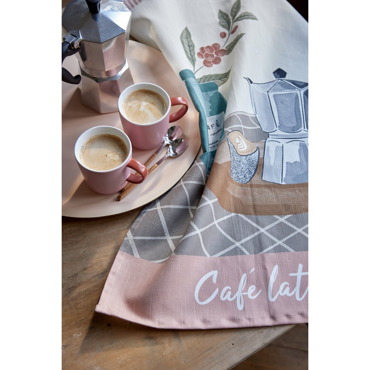 Torchon imprimé en coton et lin CAFÉ LATTE beige, COUCKE