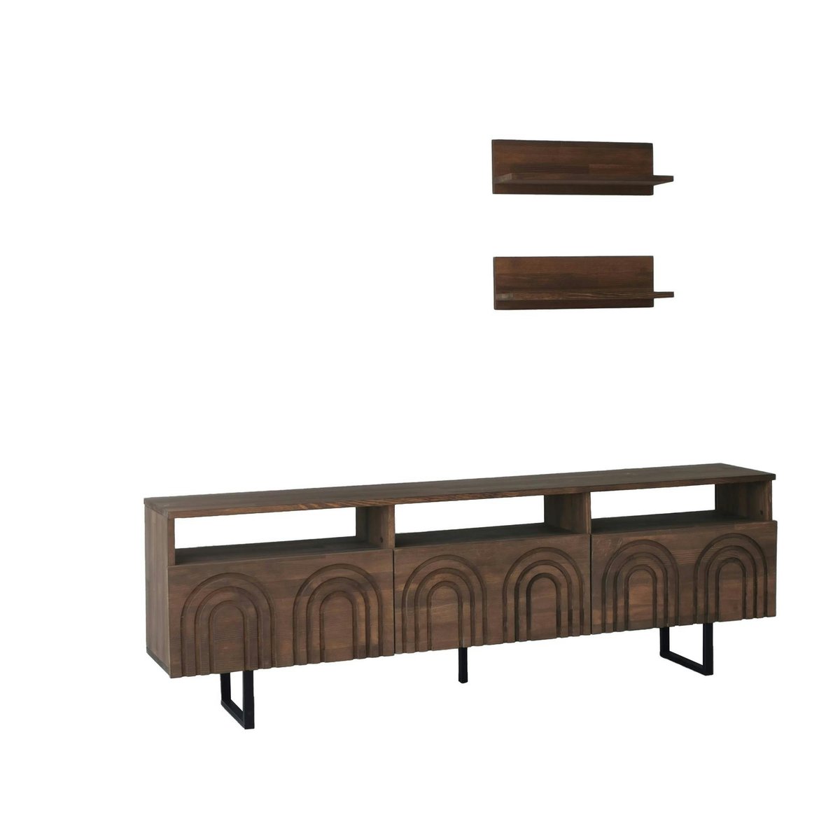Meuble TV bois brun motif arches avec 2 étagères JACA bois naturel, PIER IMPORT