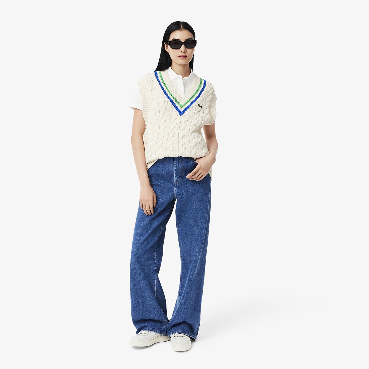 Sleeveless Ribbed Tennis Jumper with V-Neck ecru/green, LACOSTE