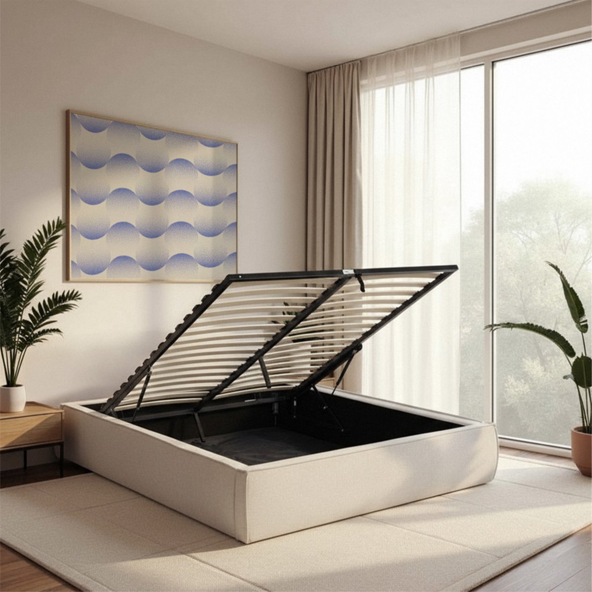 Lit coffre en tissu 160x200cm- LIBERIO beige, DRAWER