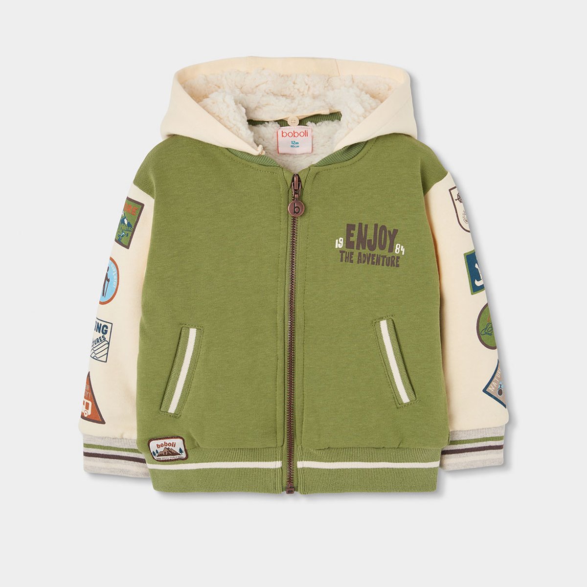 Veste garçon molleton avec patchs aventure vert, BOBOLI