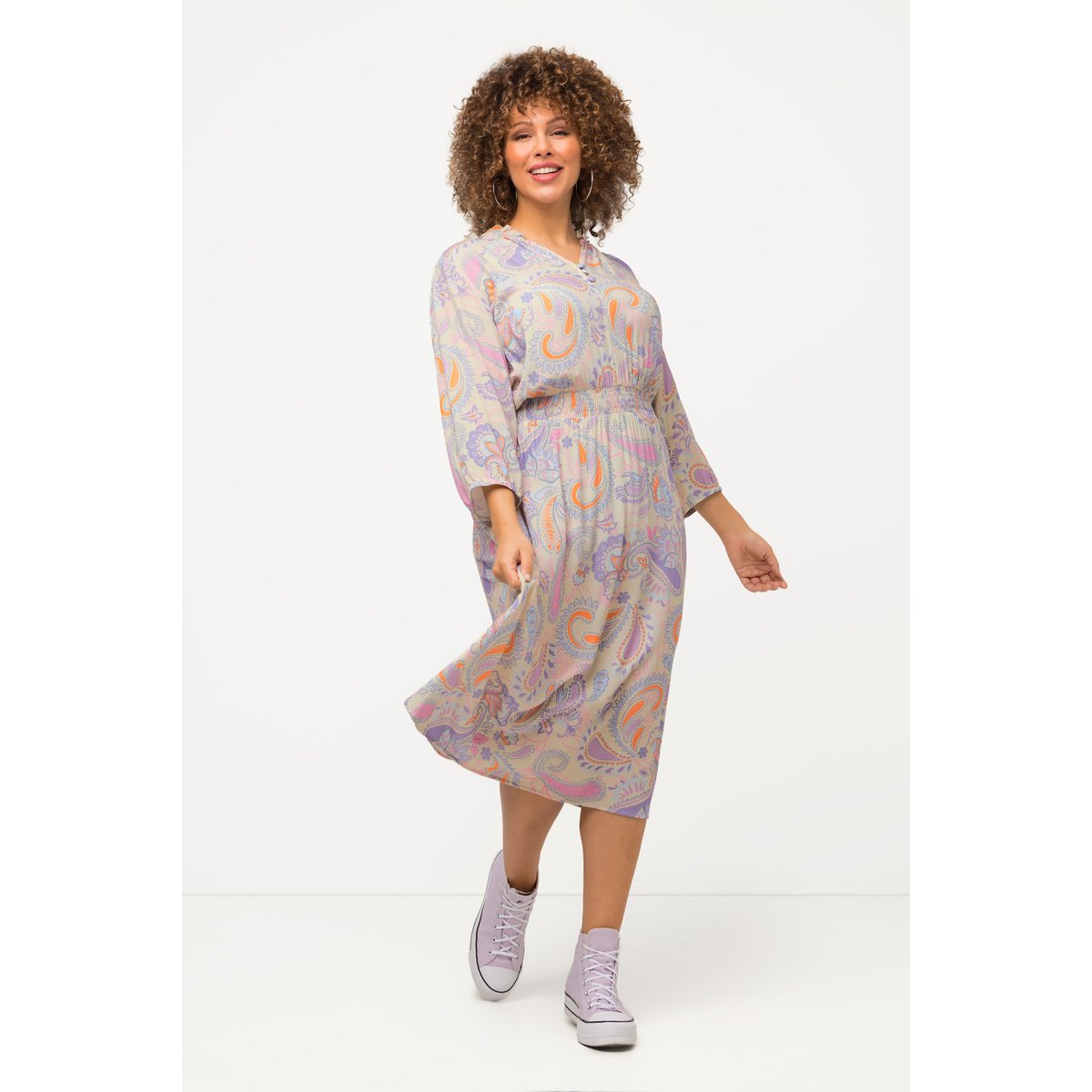 Robe trapèze à manches 3/4 et motif cachemire ivoire, ULLA POPKEN