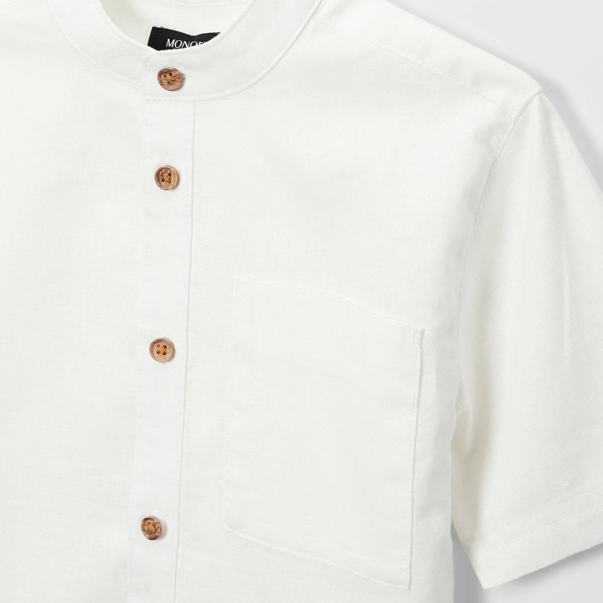 Chemise col mao manches courtes unie en coton et lin blanc, MONOPRIX