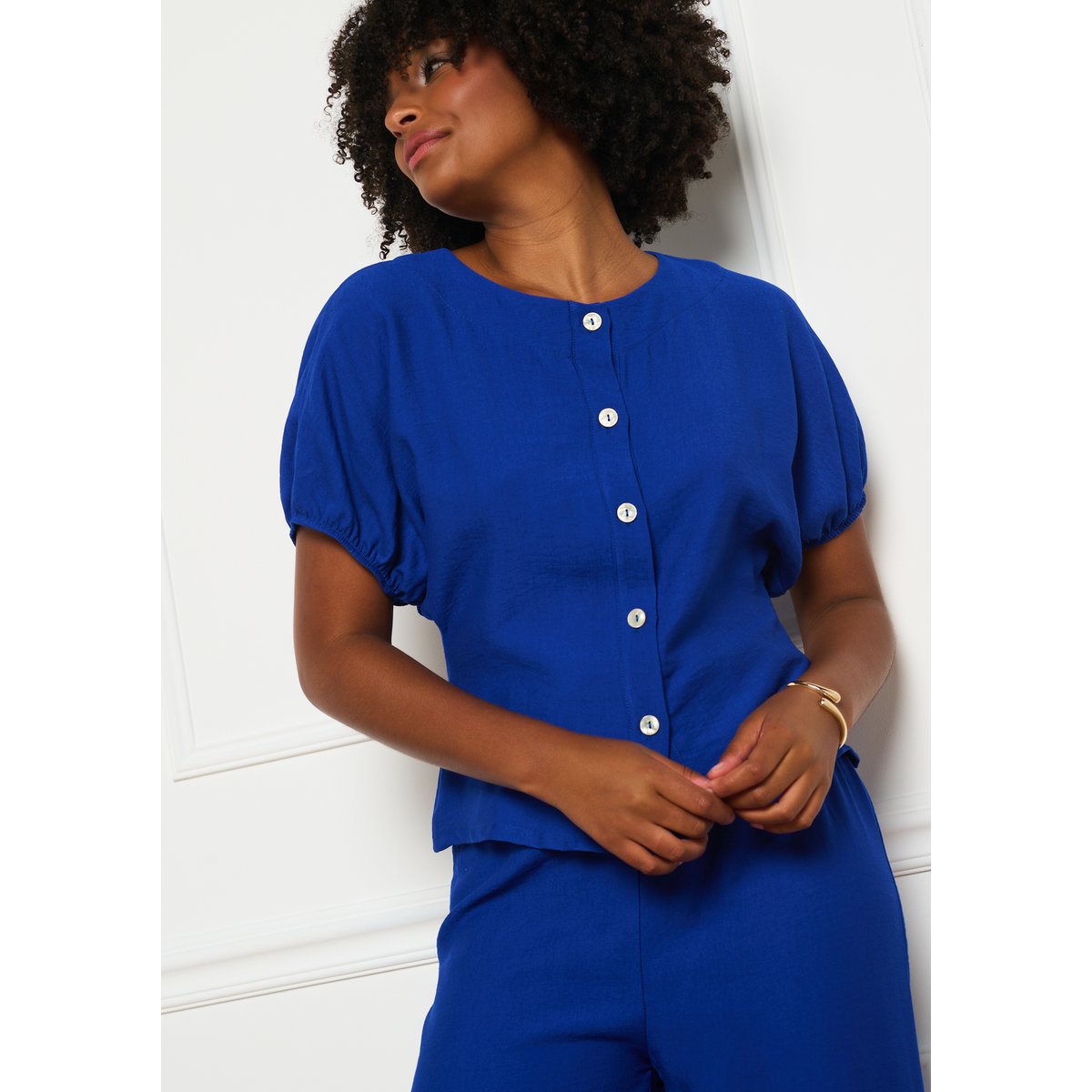 Blouse boutonnée manches courtes bleu electrique, LOLALIZA