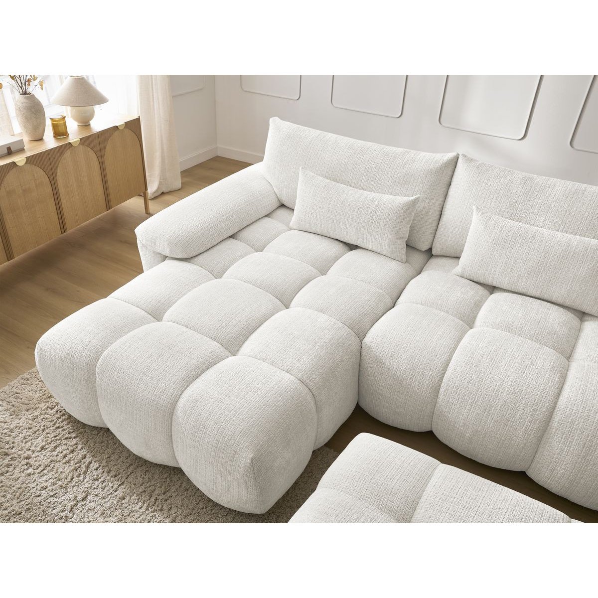 Canapé d'angle fixe 4 places en tissu texturé, IVANE blanc, BOBOCHIC