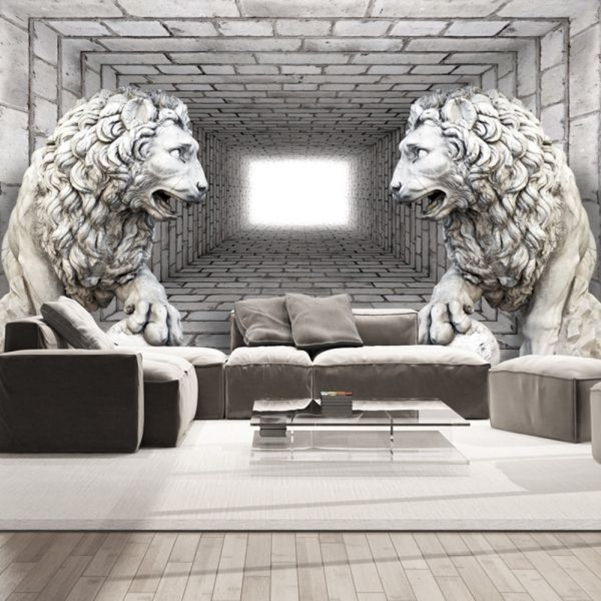 Papier peint intissé panoramique 3D et Perspective Lions de pierre gris / argent, EDEN