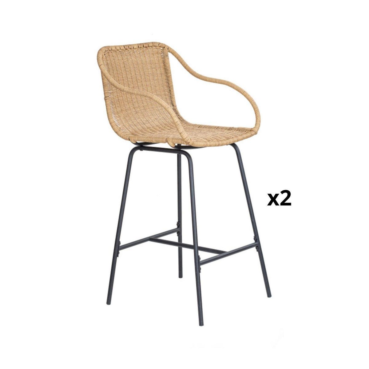 Lot de chaises de bar et d'ilot en métal et assise rotin 65cm MOOREA | Lot de 2 naturel, MOB IN