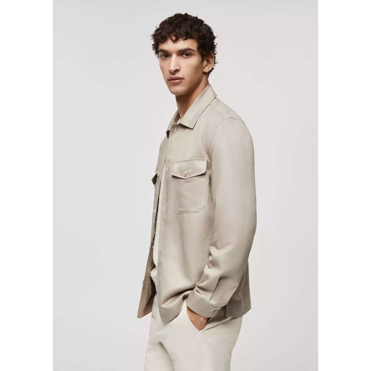 Surchemise lin poches marron moyen, MANGO MAN