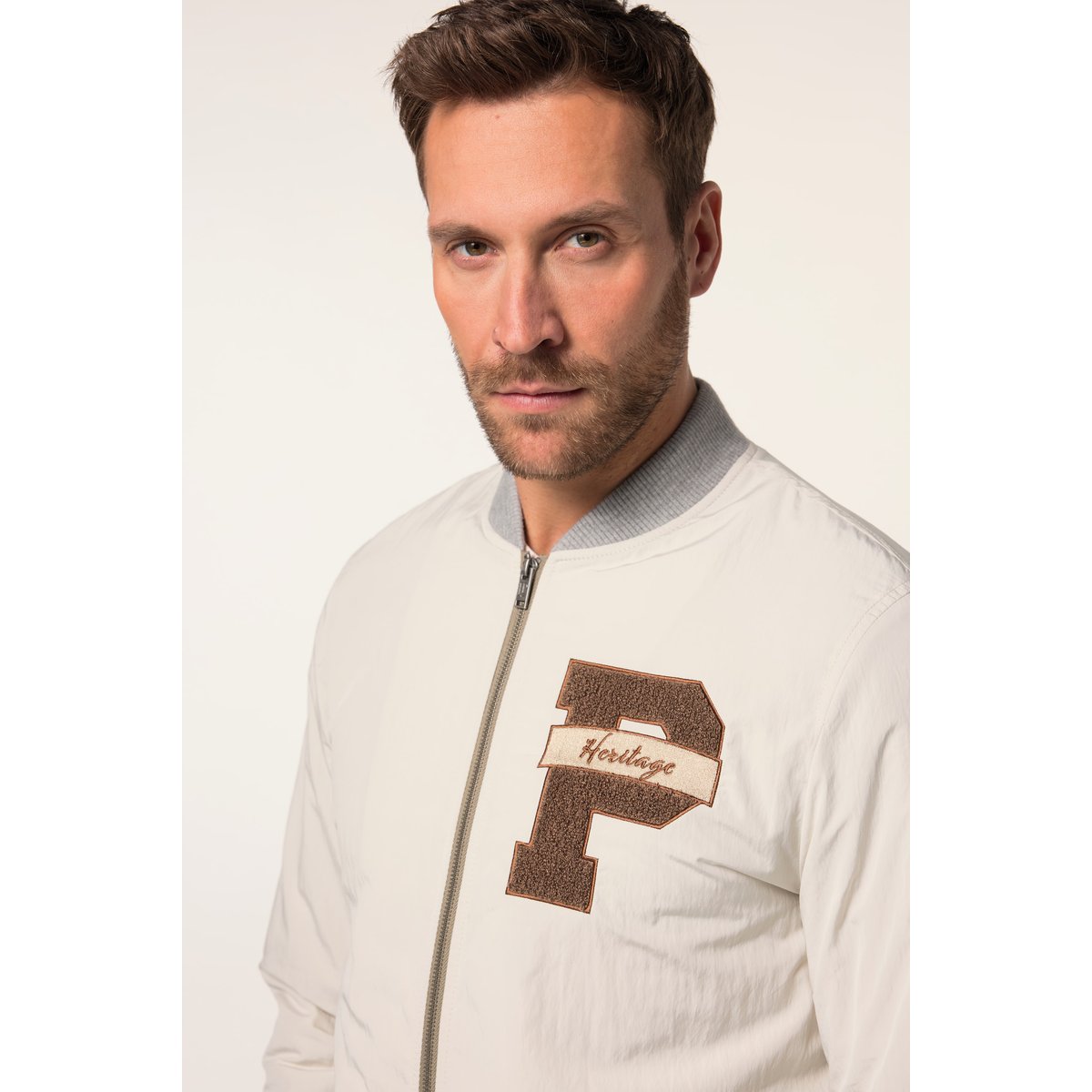 Blouson esprit Teddy américain, flocage blanc crème, JP1880