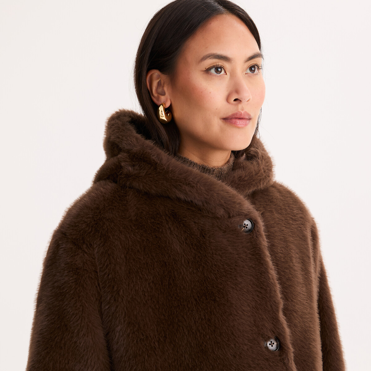 Manteau mi-long duveteux, à capuche marron, ANNE WEYBURN