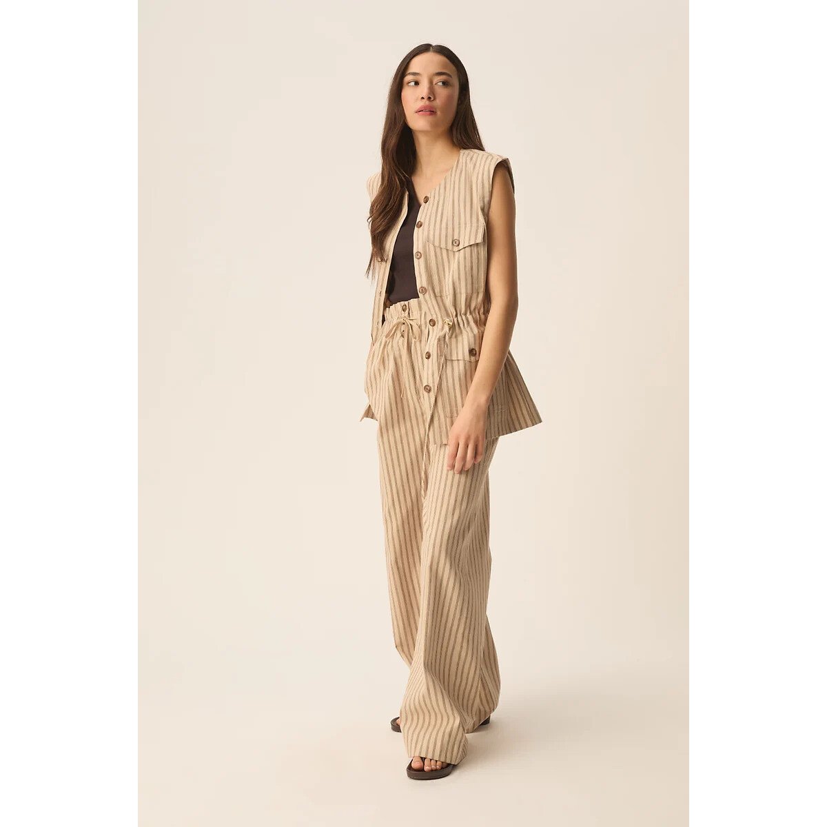 Valentina Striped Sleeveless Jacket beige, DES PETITS HAUTS