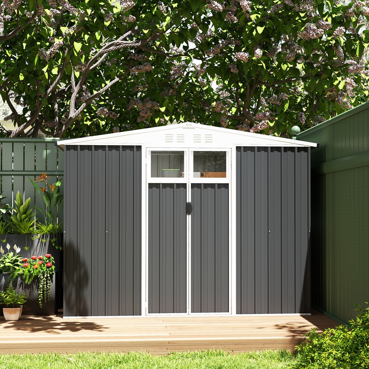 Abri de jardin surface 2,7 m² - 2 portes fenêtres évents - tôle d'acier gris, OUTSUNNY