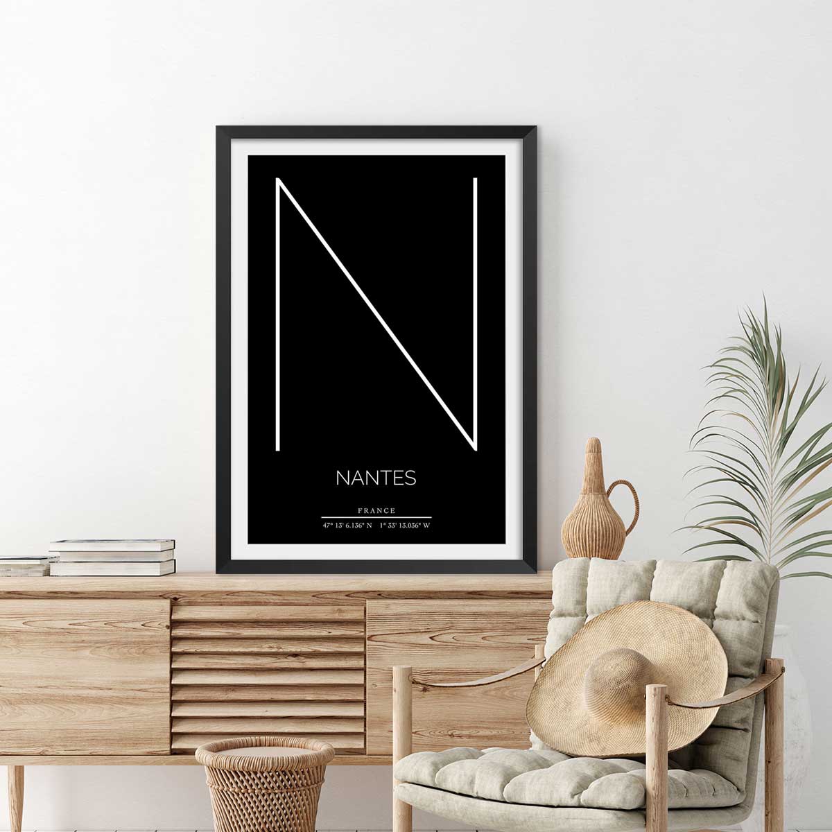 Poster n nantes affiche + cadre en bois - noir, HEXOA