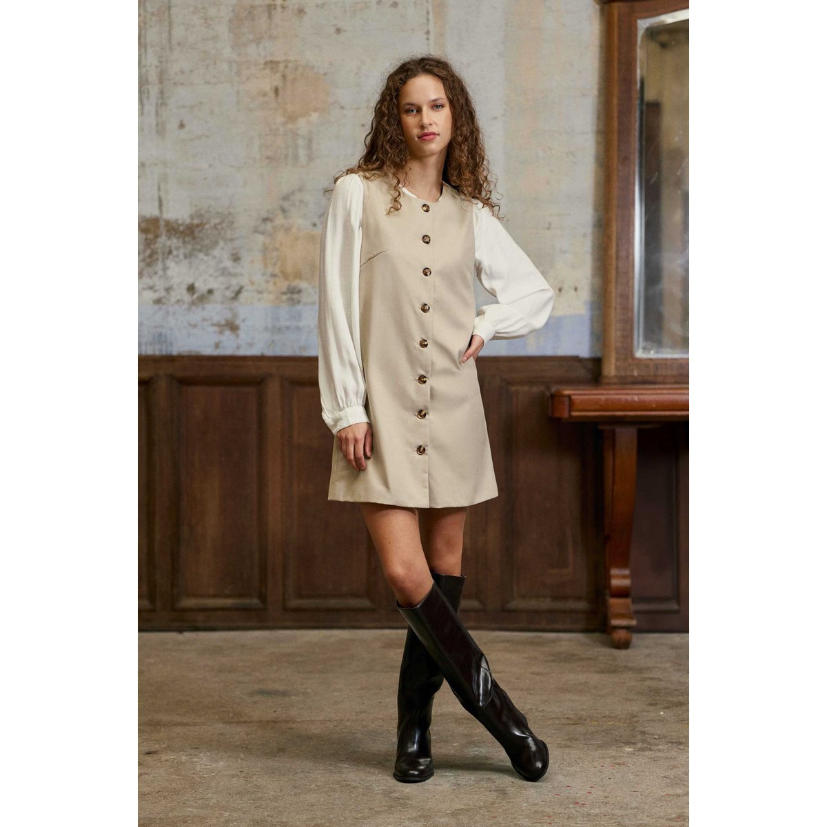 Robe courte évasée uni ROWEL 13-beige, LA PETITE ETOILE