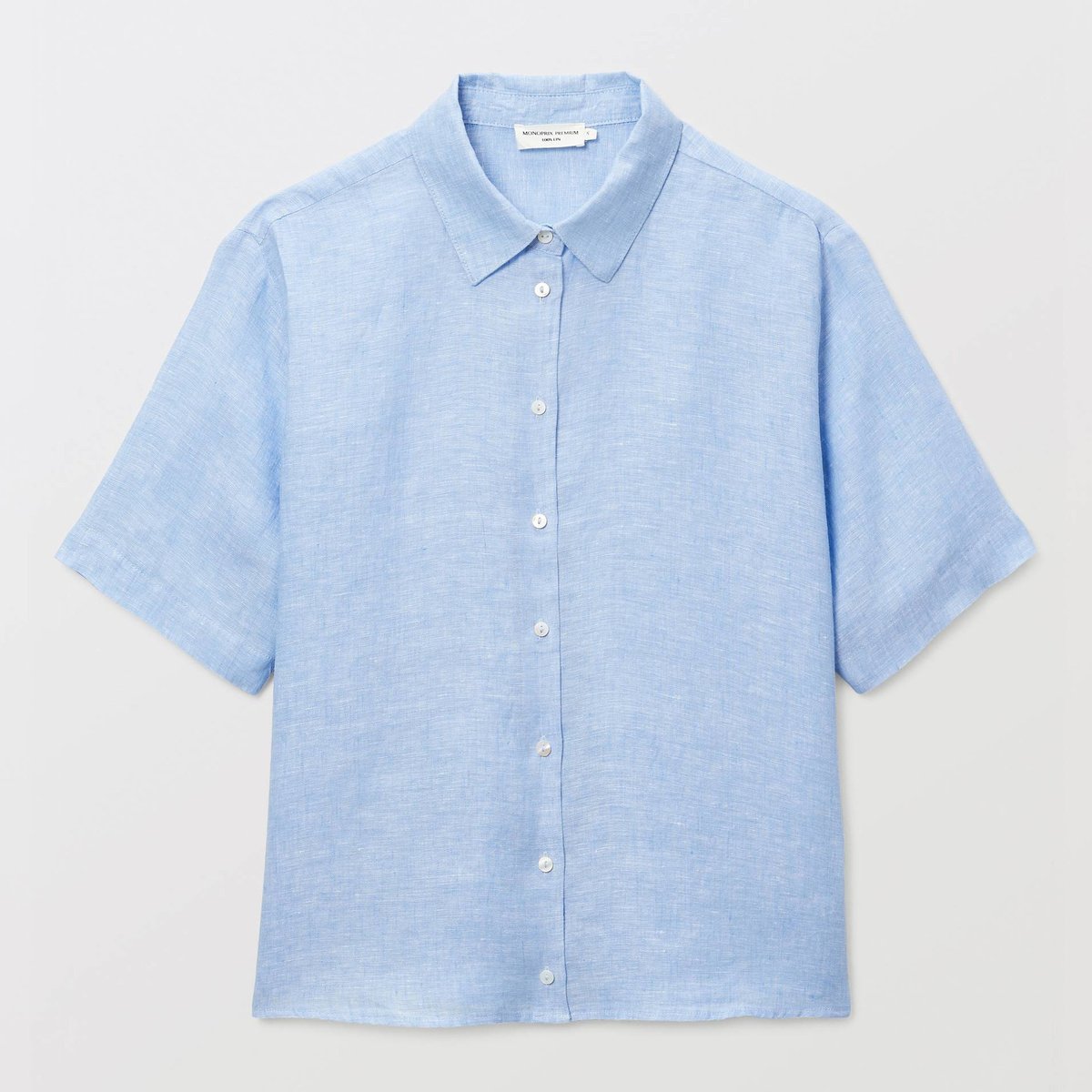 Chemise manches courtes unie en lin celeste, MONOPRIX
