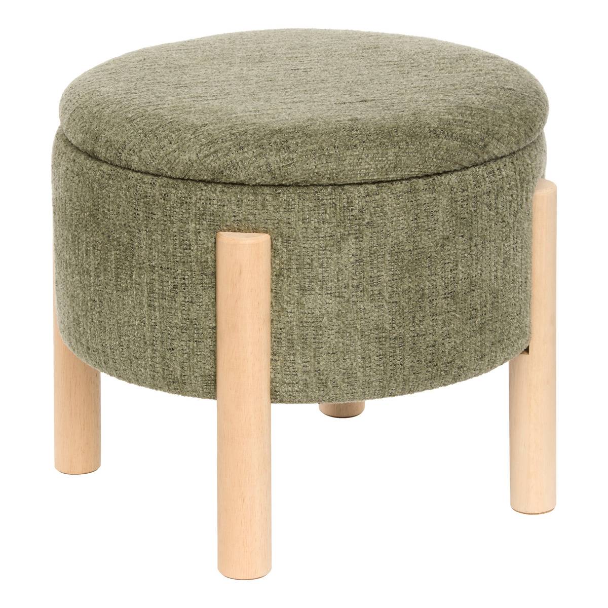 Tabouret coffre en tissu chenille ELKI vert kaki, ATMOSPHERA