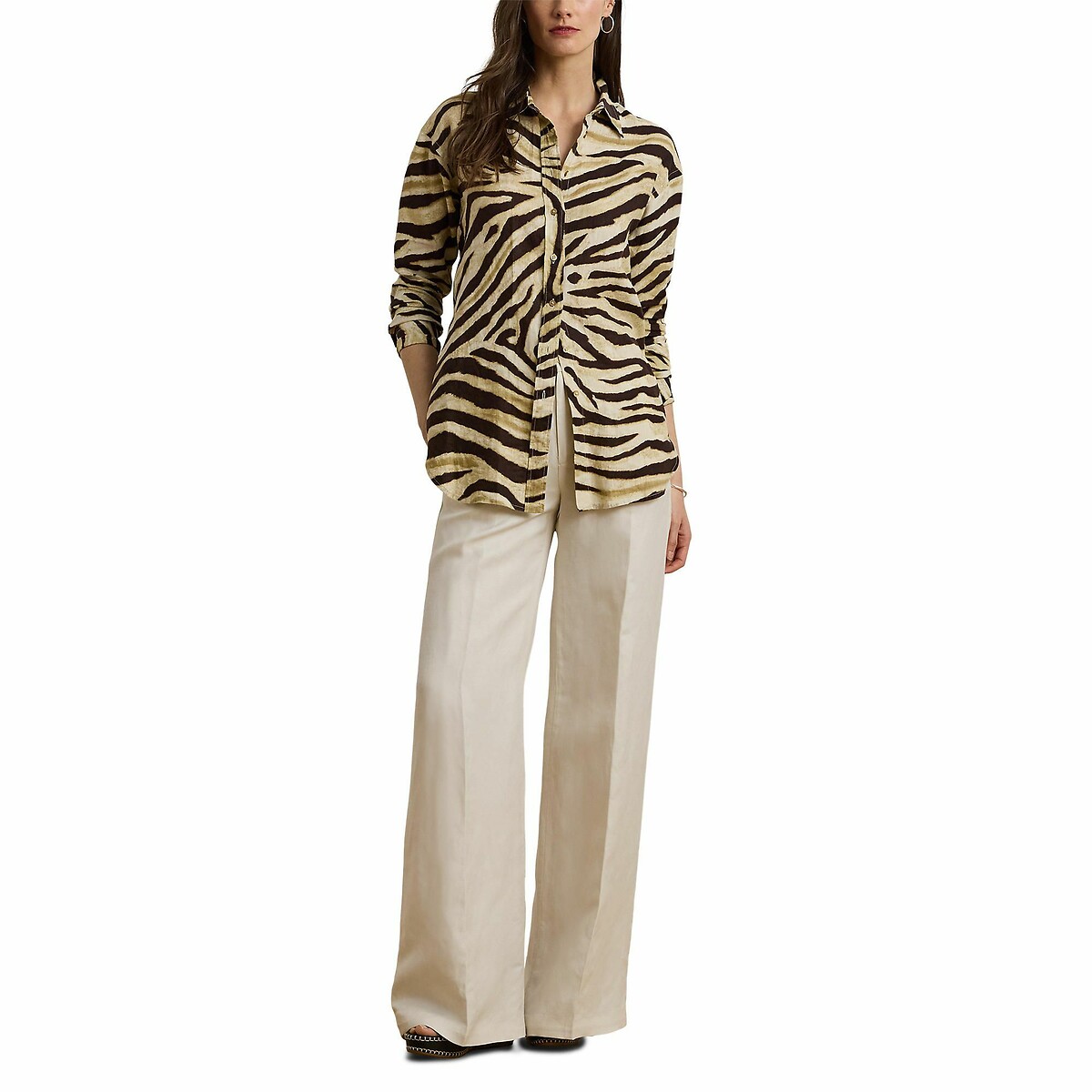 Chemise imprimée à manches longues, en lin beige/marron, LAUREN RALPH LAUREN