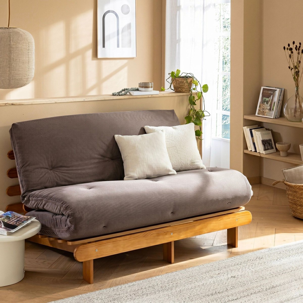 Ensemble banquette et matelas futon latex confort ferme velours côtelé marron, TERRE DE NUIT
