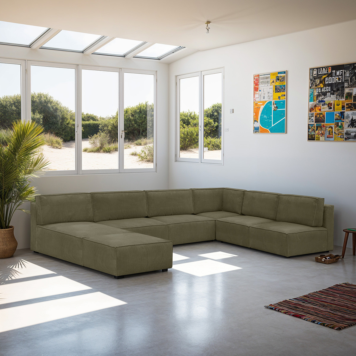 Canapé d'angle droit convertible 10+1 places en velours côtelé - HARPER MOD vert kaki, HOMIFAB