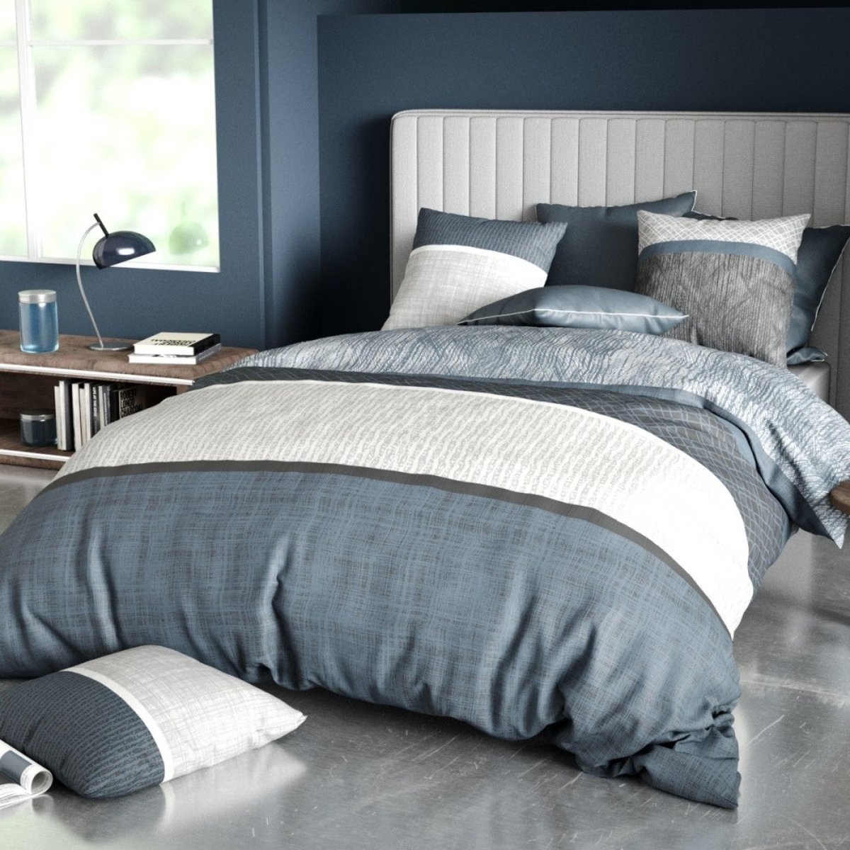 Housse de couette + 2 taies Brehat bleu, EDEN