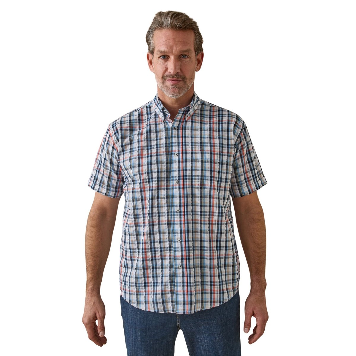 Chemise tissu léger et gaufré carreaux corail/bleu, DAXON
