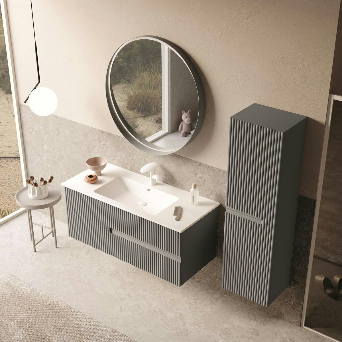 Meuble vasque suspendu 120 cm, 2 tiroirs rainurés ORA gris, PIER IMPORT