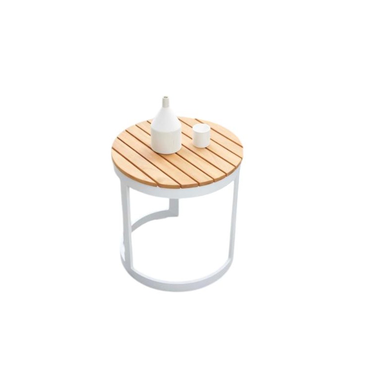 Table d'appoint ronde avec plateau teck IRIS blanc, AU JARDIN DE CHLOÉ