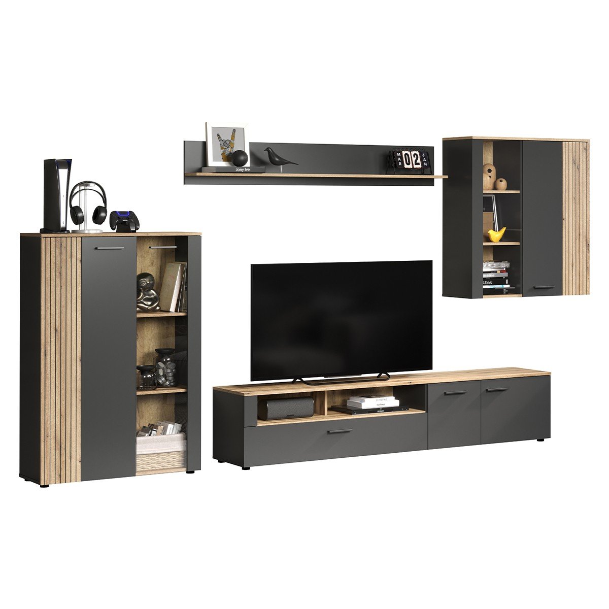 Rangement vitré 2 portes dont une avec verre trempé L90cm - Esteban gris anthracite, CALICOSY
