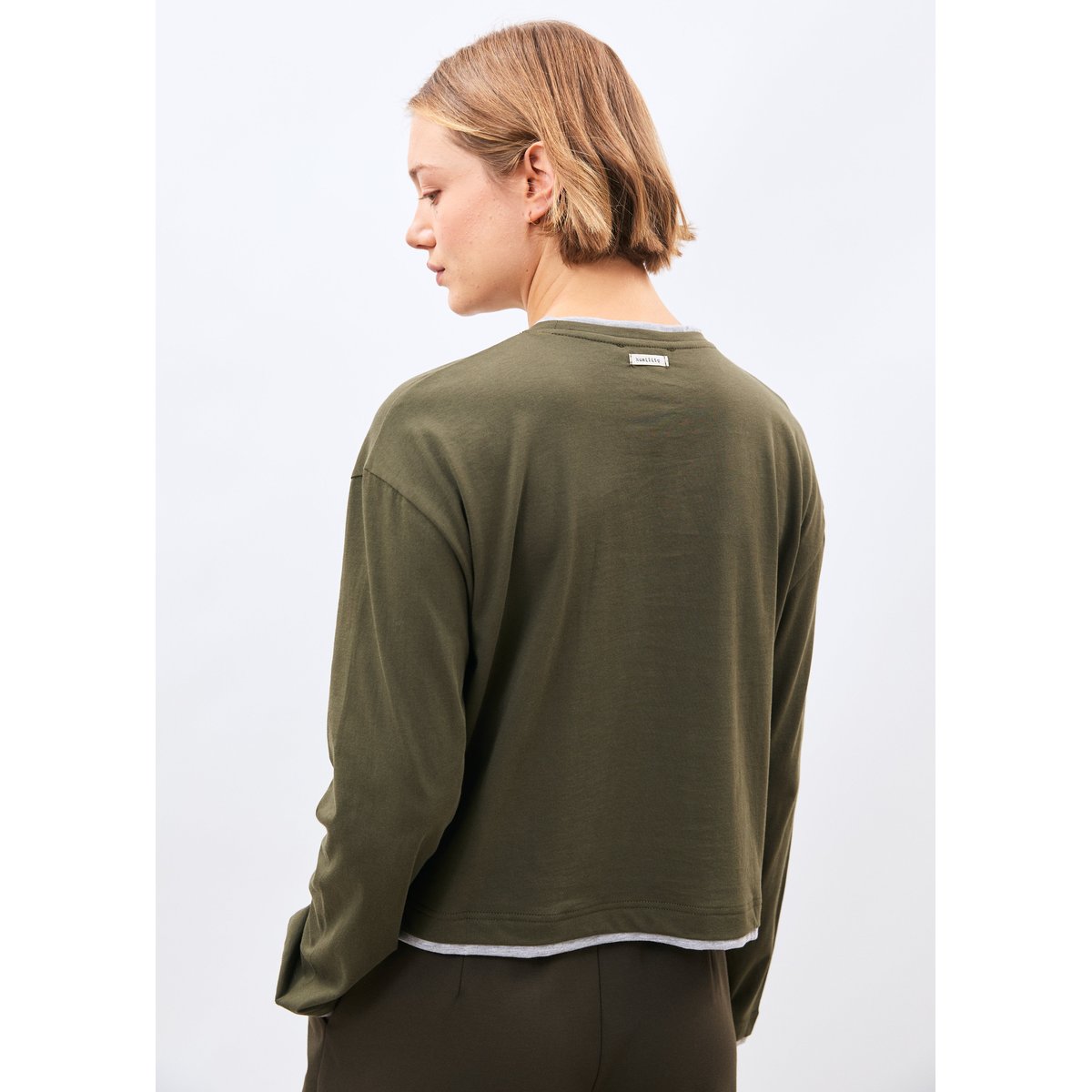 T-shirt en jersey manches longues col rond kaki/gris clair, HUMILITY