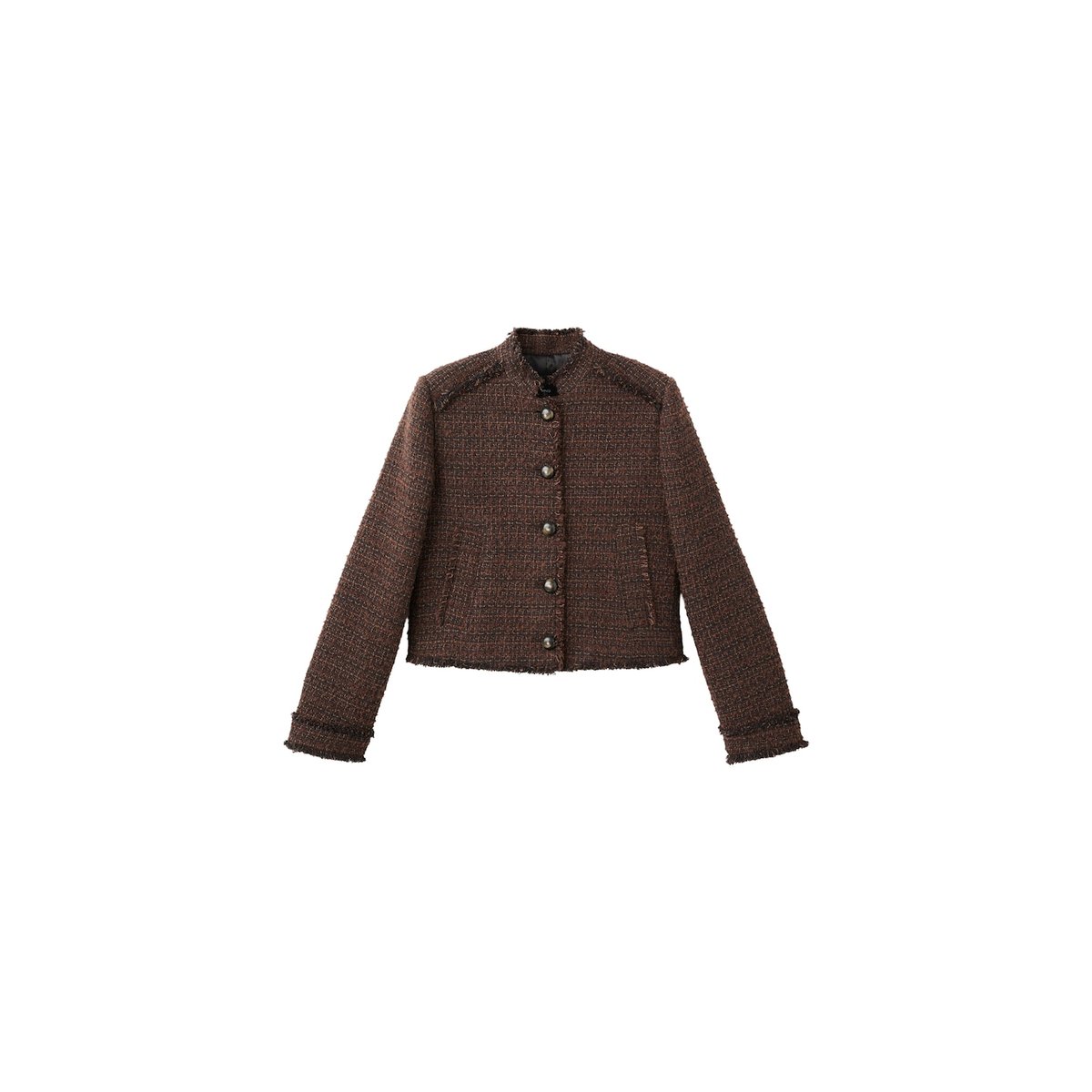 Veste tweed bords effilochés marron, MANGO