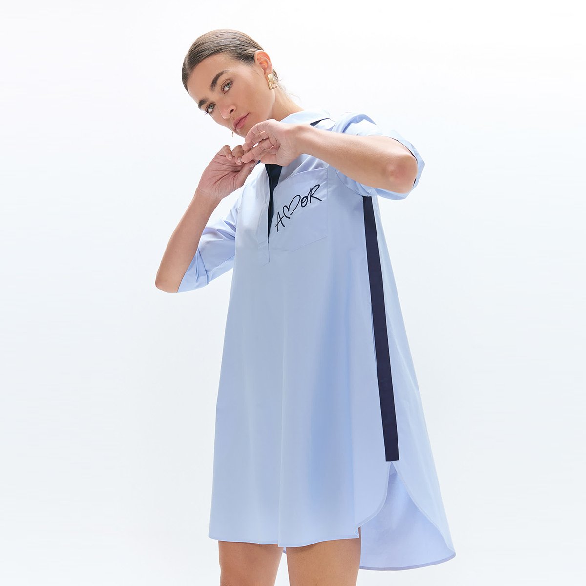 Robe chemise en popeline à broderie ciel, LOLA CASADEMUNT