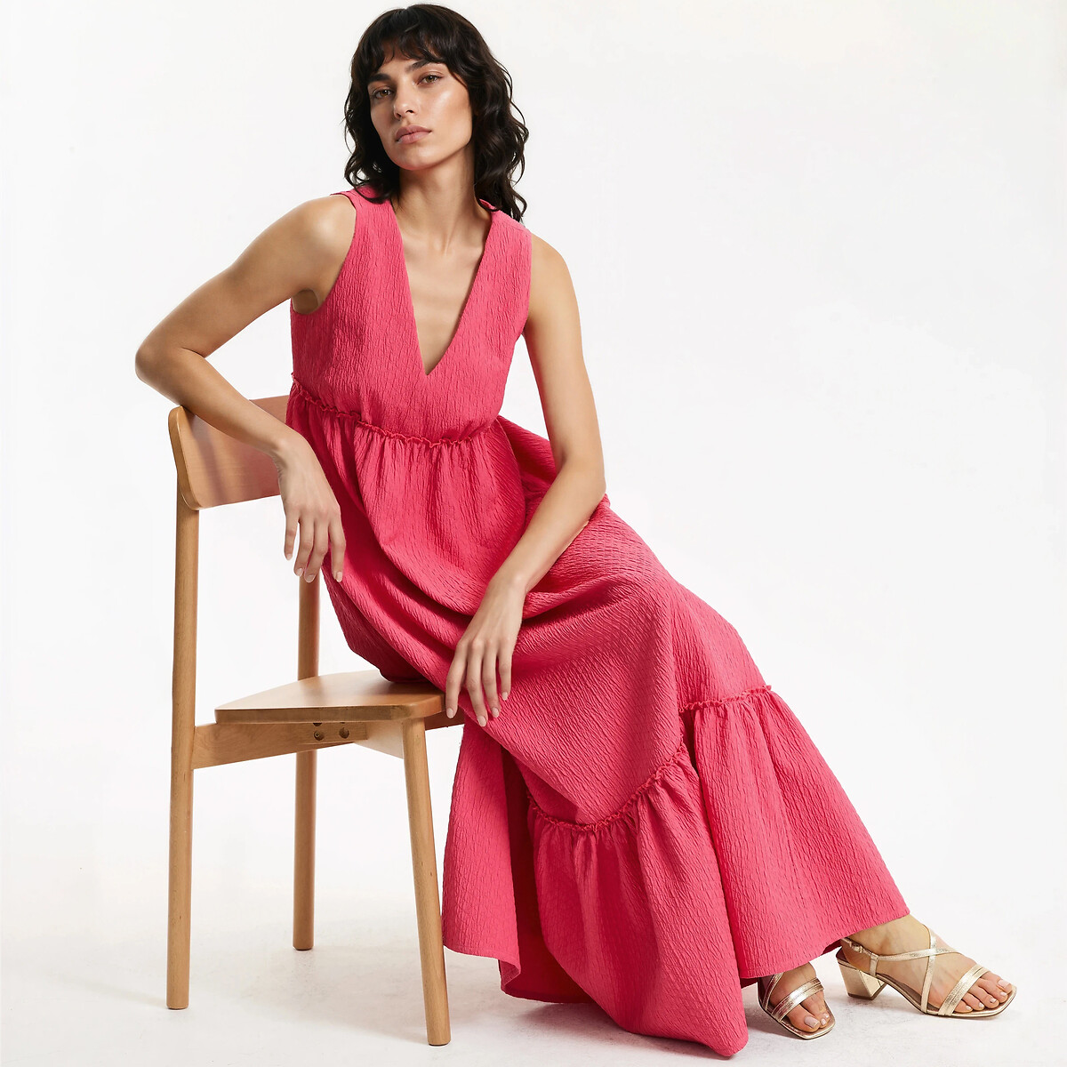 Vestido comprido sem mangas com decote em V e folho rosa, LA REDOUTE COLLECTIONS