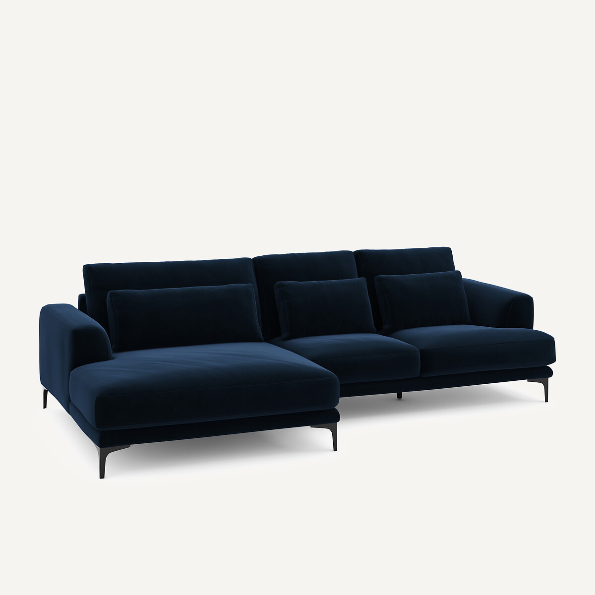 Canapé d'angle méridienne XL gauche en velours, MARSILE bleu nuit, AM.PM