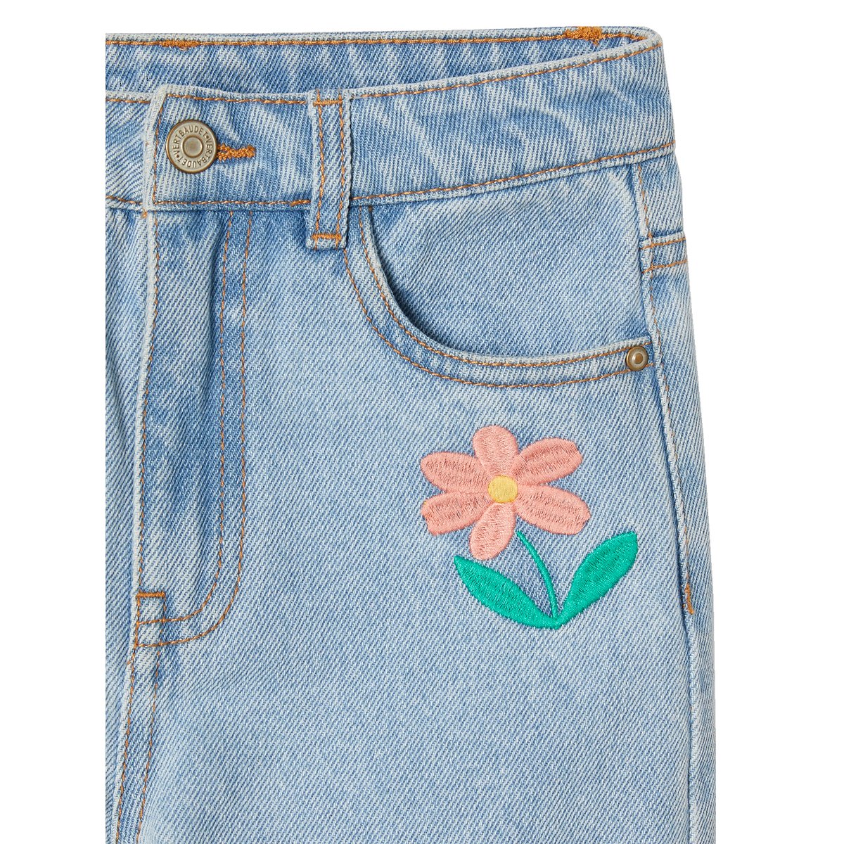 Jean mom brodé fleurs bleu clair, VERTBAUDET