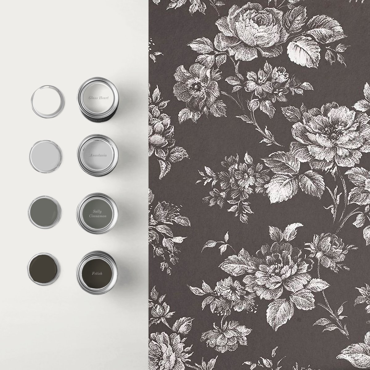 Papier peint Muse fleurs noir, gris, GRAHAM ET BROWN