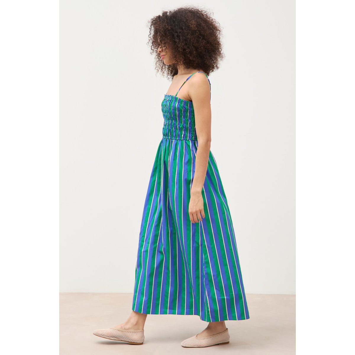 Robe bretelles col carré en coton bleu, BONOBO