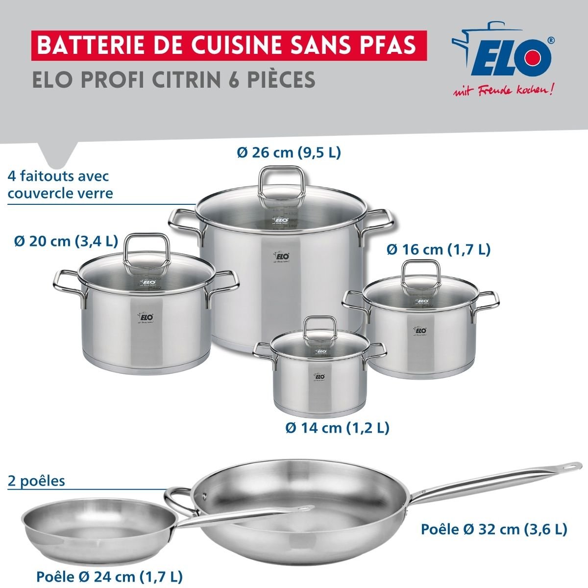 2 poêles 24/32cm + 4 faitouts 14/16/20/26cm PROFI CITRIN gris, ELO