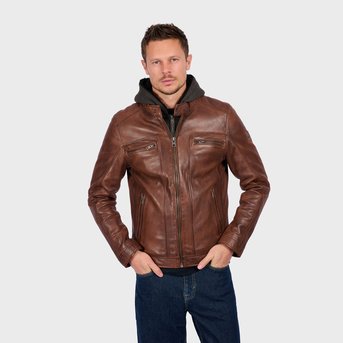 Veste en cuir à manches longues et col mao DRINK cognac, OAKWOOD