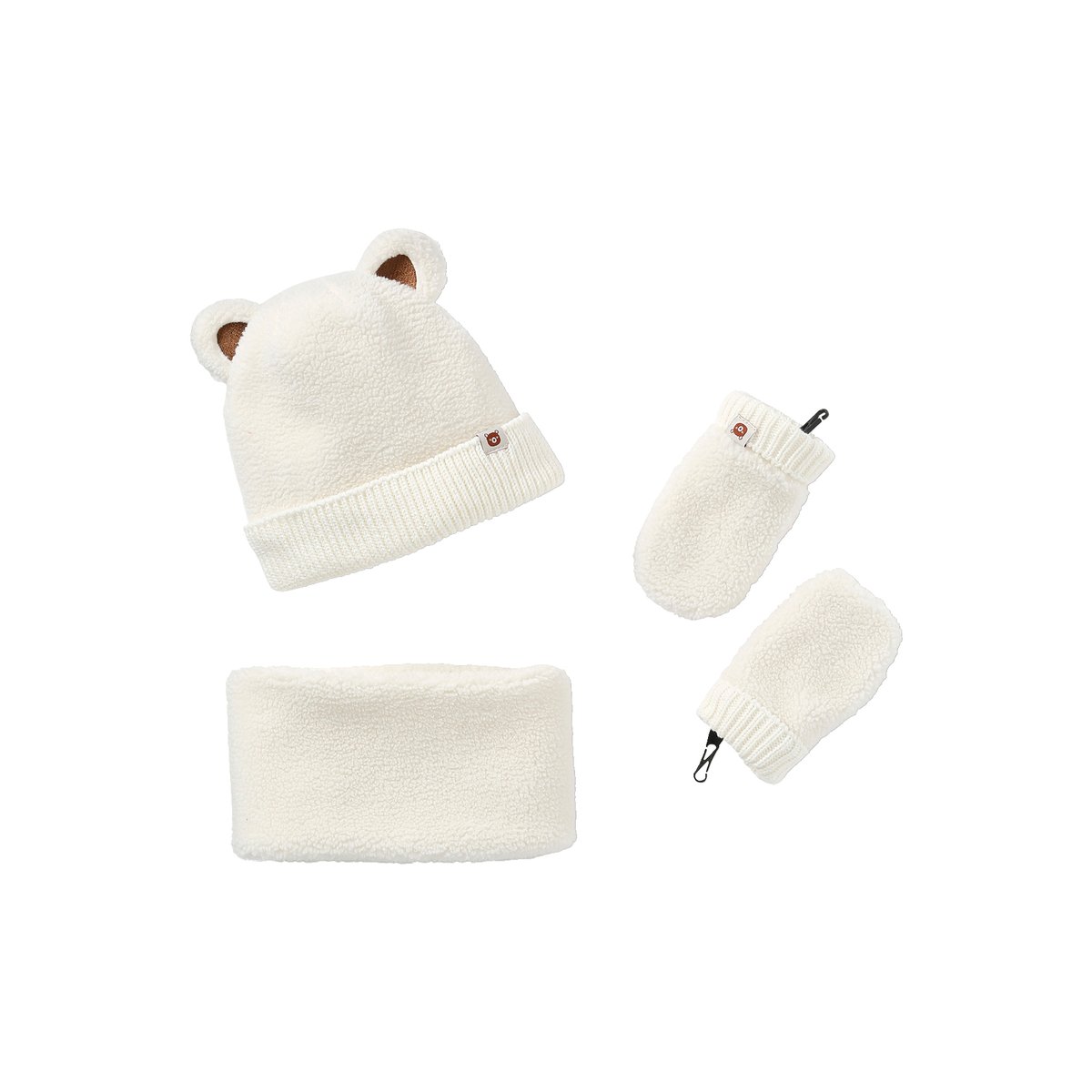 Ensemble "Bear Mood" bonnet + snood + moufles en sherpa écru, VERTBAUDET