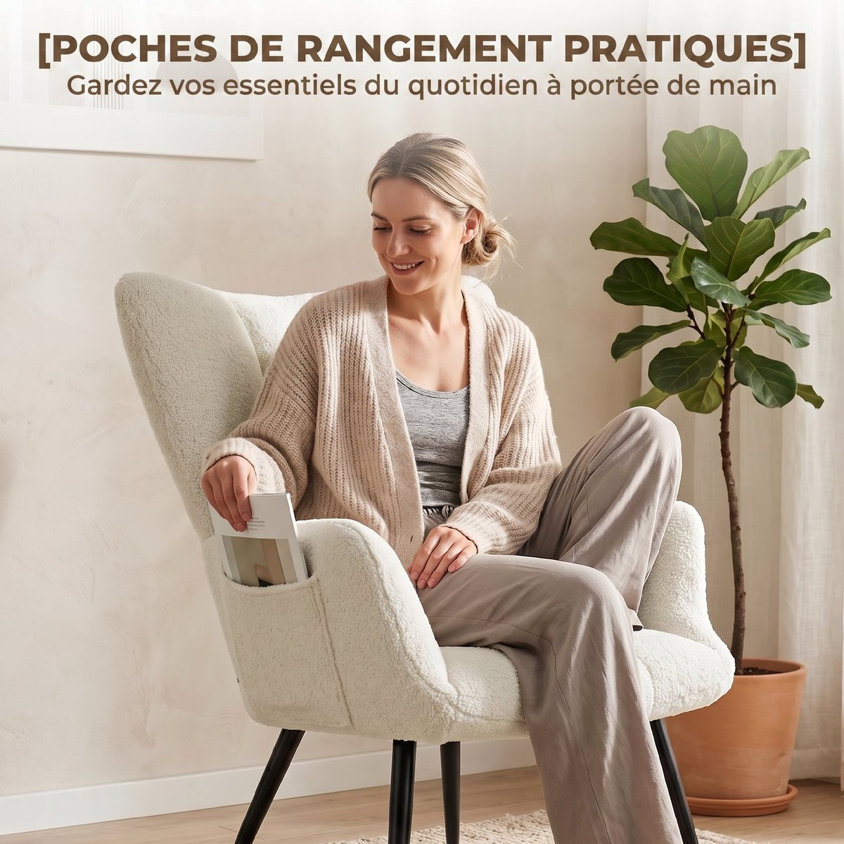 Fauteuil d'appoint avec repose-pieds Peluche beige, HOMCOM
