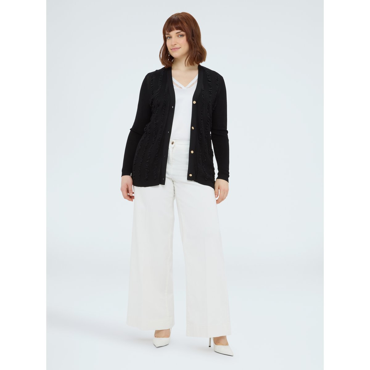 Cardigan avec micro volants noir, FIORELLA RUBINO